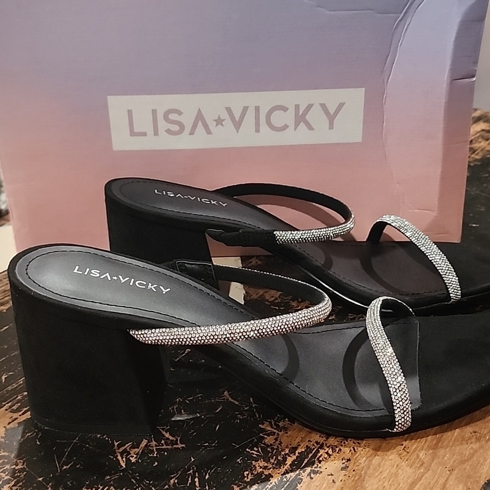 Lisa Vicky Mood Hotfix Sandals In Black Womens 9 Rhinestones Straps Silver New!